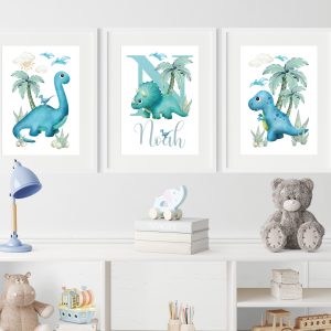 Dinosaur Nursery Prints For Boys Set Of 3, Dinosaur Wall Art Decor, Boys Bedroom Pictures, Boys Playroom Dino Posters, Blue Dinosaur Bedroom